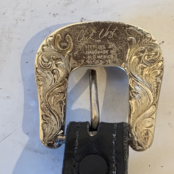 Black Leather Belt with Sterling Silver Buckle - Picture 2 of 4